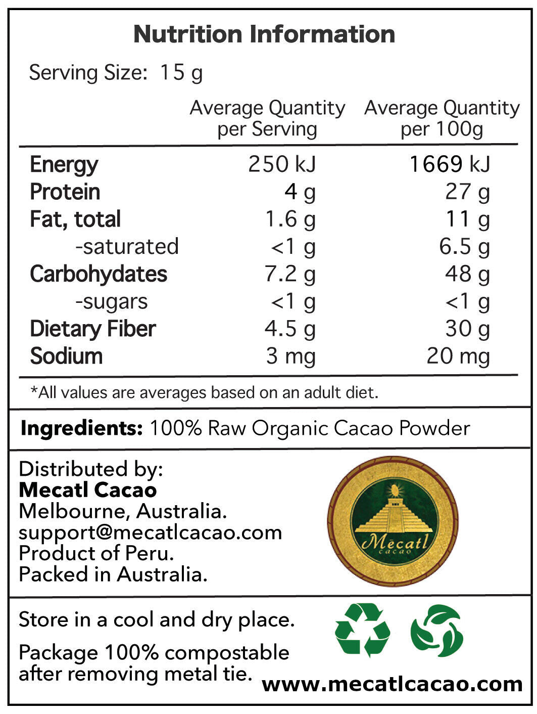 Raw Cacao Powder 200g Organic Cocoa Superfood 100% Organic Ceremonial Cacao
